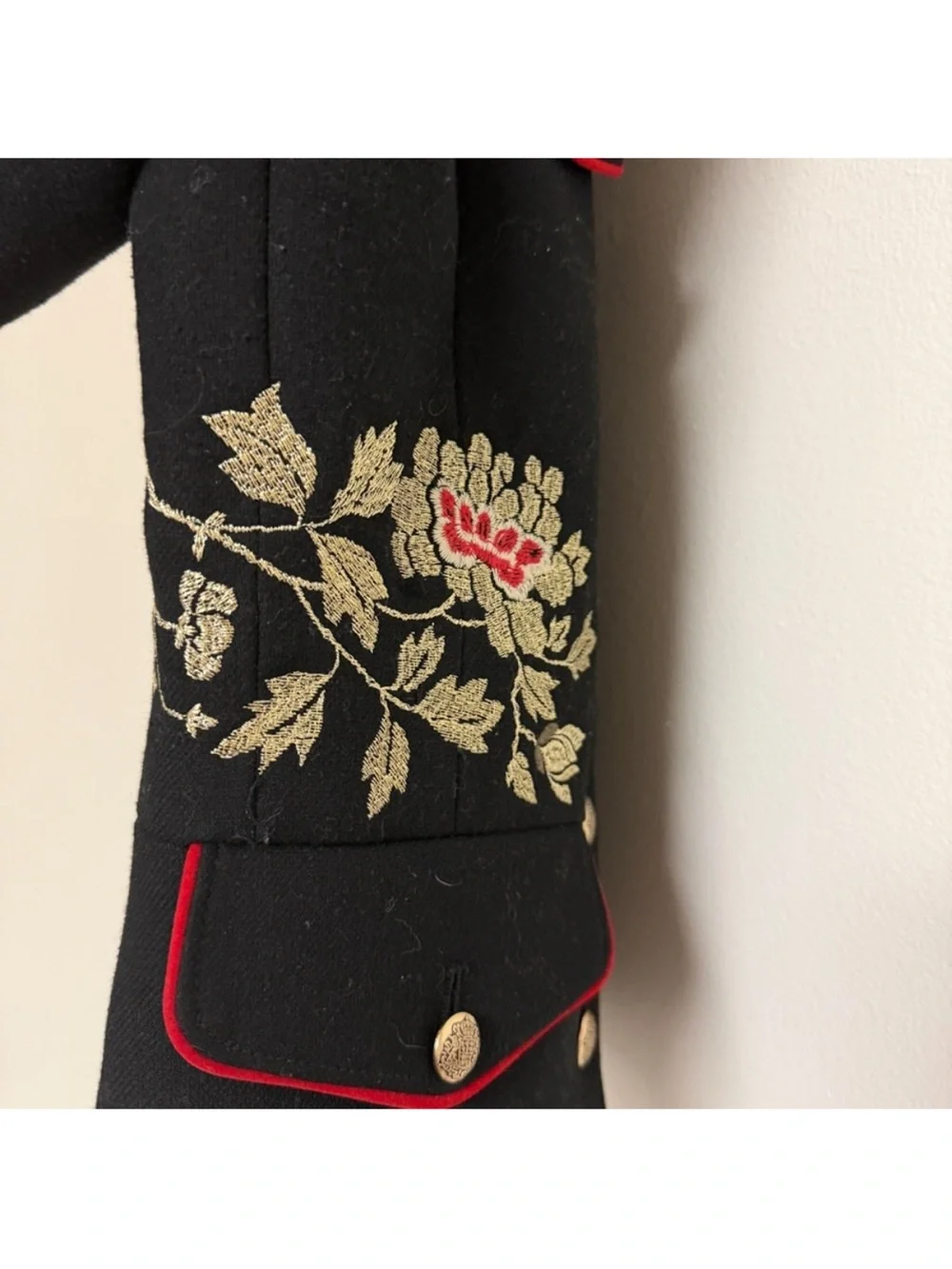 Black Embroidered Military-Style Jacket with Red Trim
